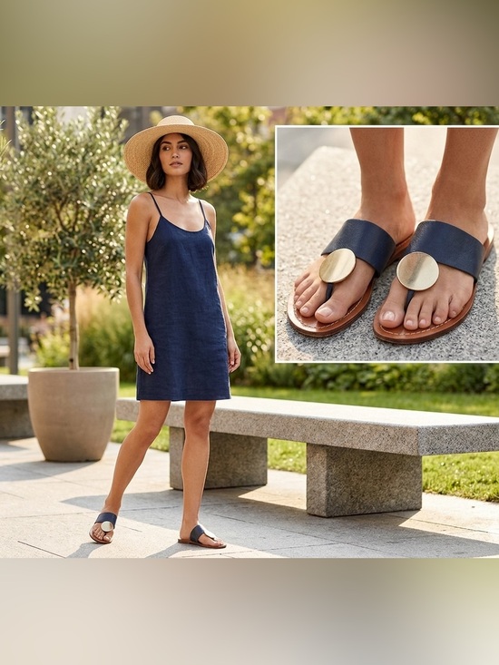 Tory Burch Shoes - Tory Burch Navy Leather Slide Sandals with Gold Medallion